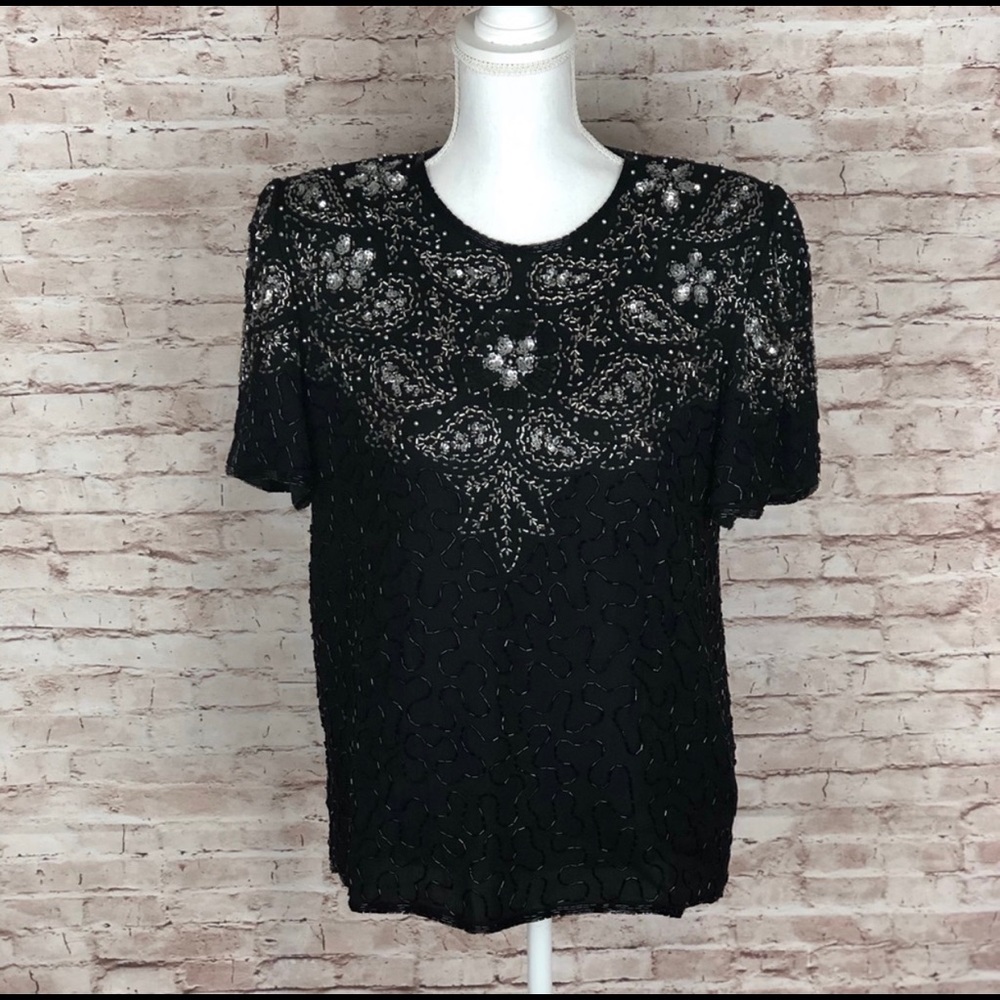 VTG Mark & John Black Silk Sequin Beaded Blouse Size M Elegant Formal Top